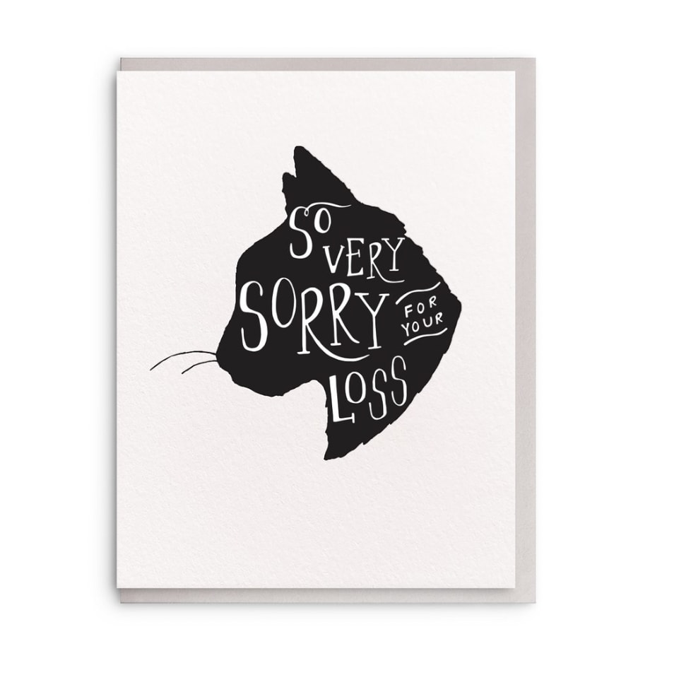 Sympathy card with a black silhouette and the words "So very sorry for your loss"