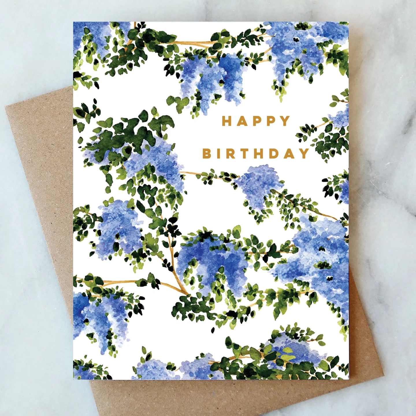 Birthday card with blue floral watercolor pattern and gold text