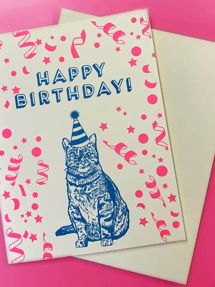 Happy Birthday Cat + Confetti Letterpress Card - Locally made in San Francisco  Blank inside Beautiful bright color Letterpress 100lb Heavyweight Cardstock