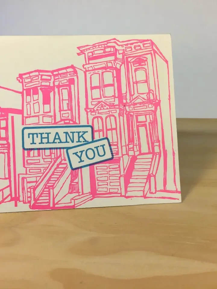Thank You Victorians Neon Pink Card - Locally made in San Francisco  Blank inside Beautiful bright color Letterpress 100lb Heavyweight Cardstock