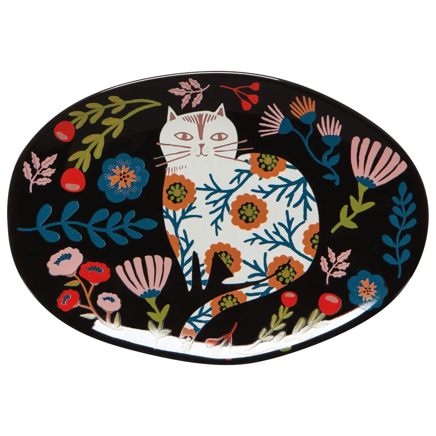  Catbloom Trinket Tray  - This ceramic Catbloom trinket tray makes a convenient landing spot for keys, loose change, small jewelry, and paperclips. Part of the Catbloom collection, this design offers a cat's eye perspective of these sly stewards of gardens. Fancy floral felines explore the world on their own terms. Dimensions: W6.3 x L4.5in Material: 100% Stoneware Care Instructions: Hand wash only.
