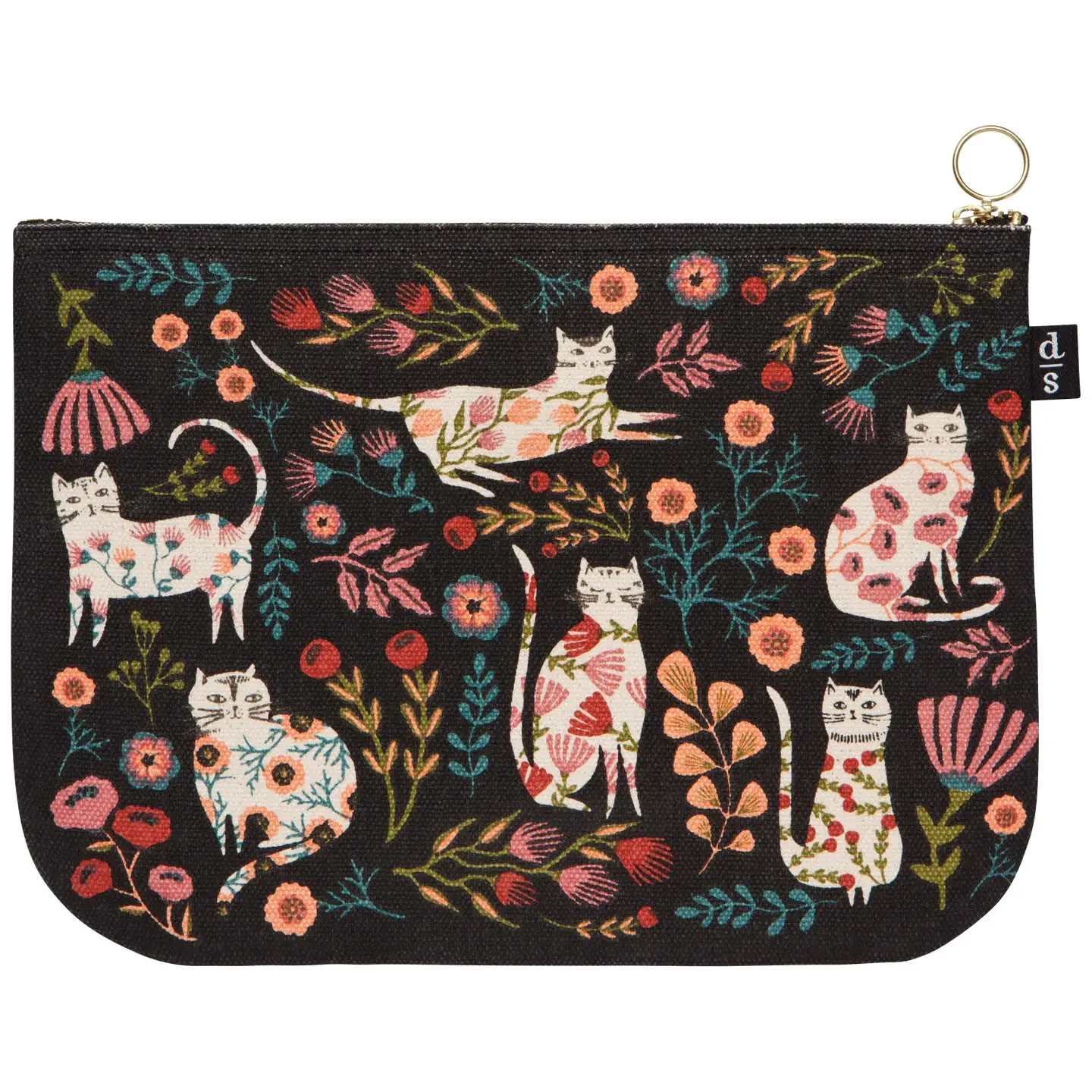 Catbloom Pouch - A large zipper Catbloom pouch made from sturdy 100% cotton is perfect for storing accessories, travel essentials and more. A metallic zipper keeps contents secure, while a grommet tab adds convenience. For a cat lover!   Part of the Catbloom collection, this design offers a cat's eye perspective of these sly stewards of gardens. Fancy floral felines explore the world on their own terms.  • Dimensions: W7 x L9.75in • Material: 100% Cotton • Care Instructions: Spot clean only.