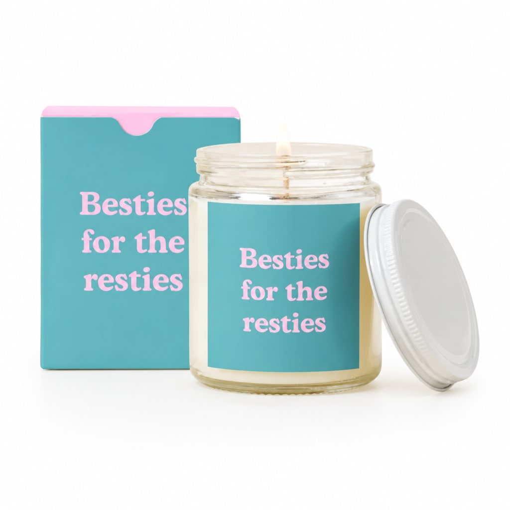 Lit candle in a glass jar with a matching box