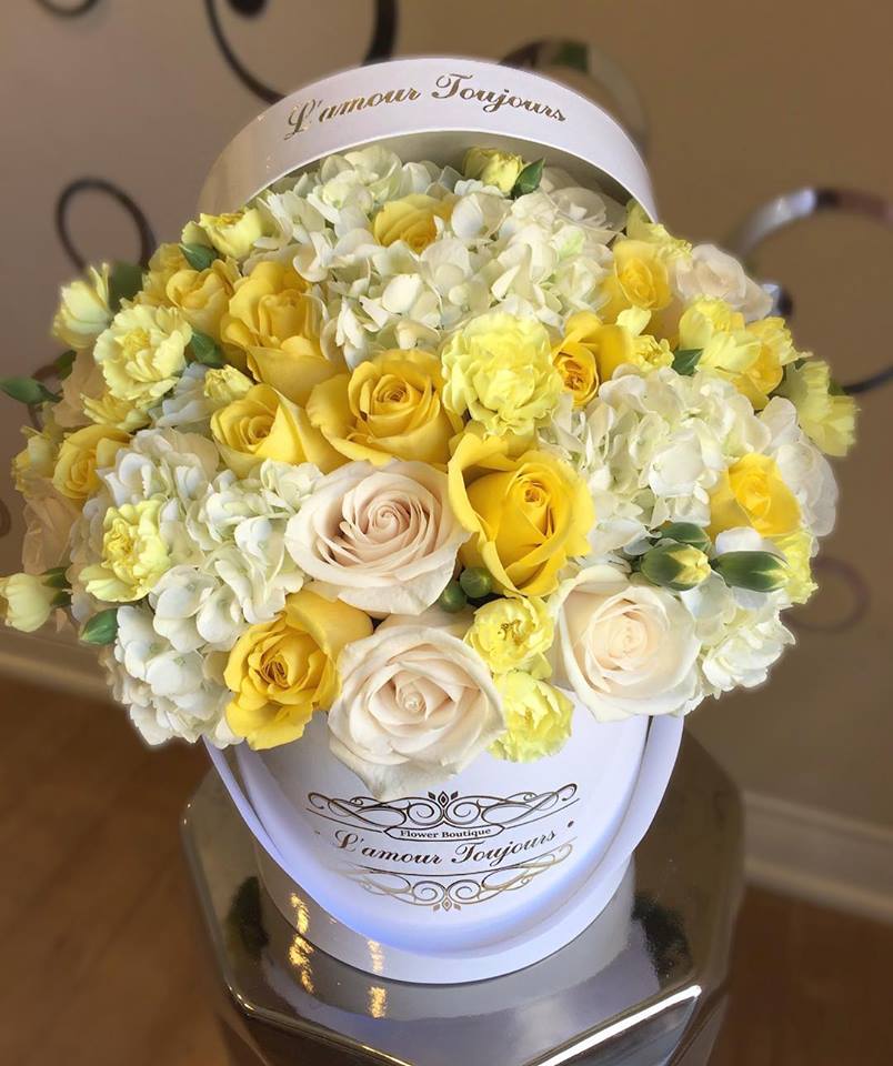Round hatbox arrangement of yellow and cream roses, carnations, and white hydrangeas in a white container