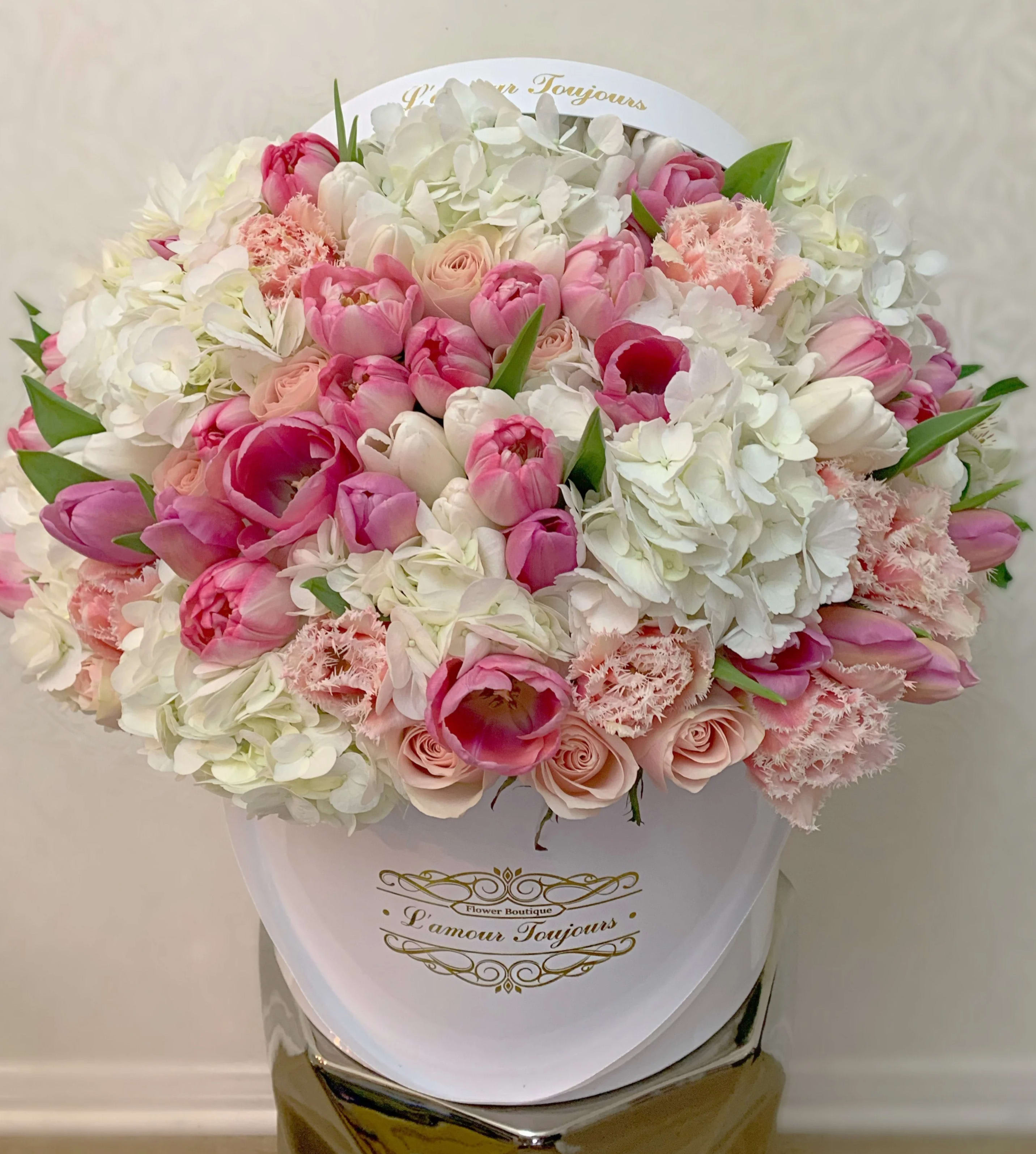 Pink and white tulips, roses, hydrangeas, and carnations in a white hatbox container.