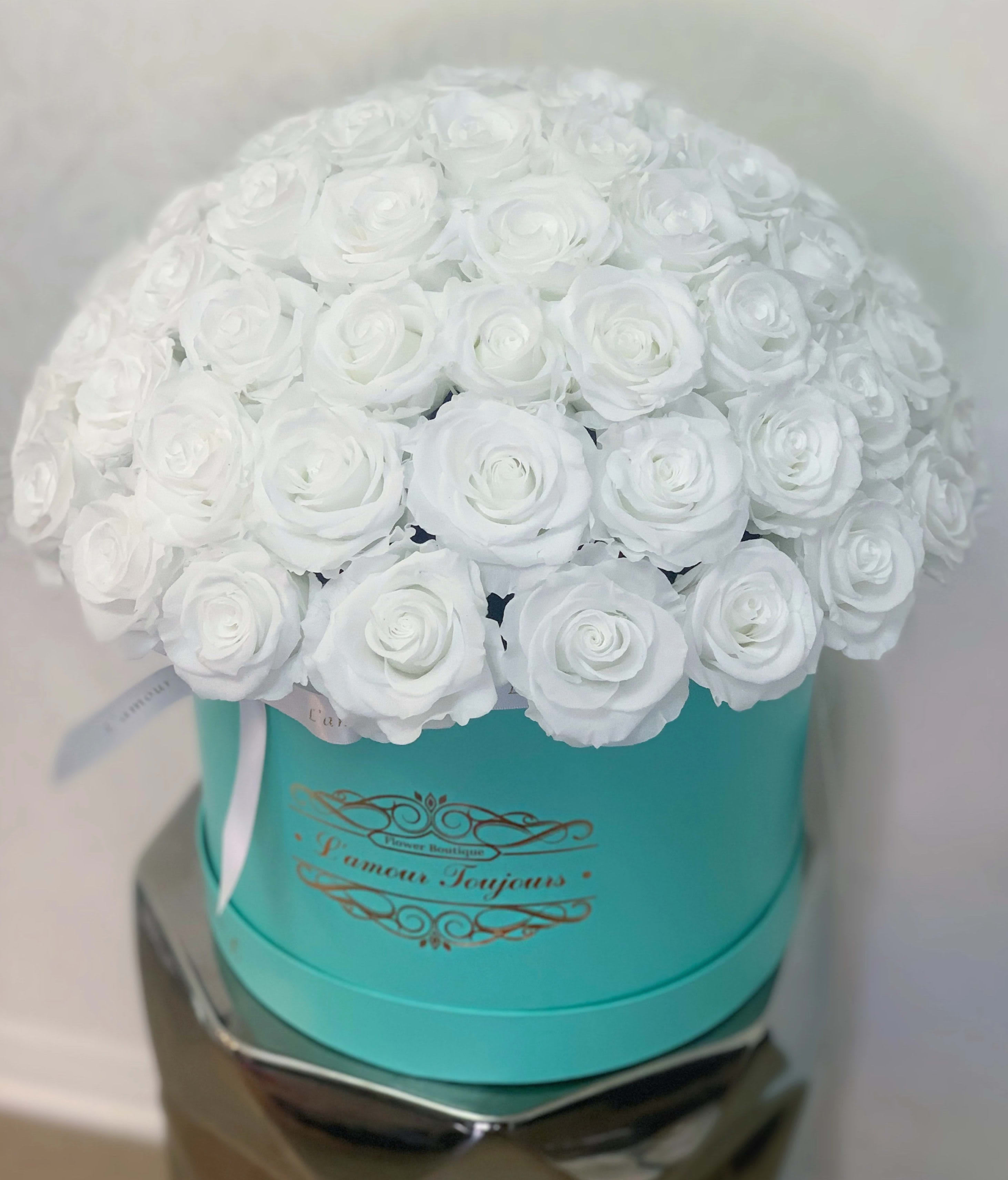 White rose bouquet in a turquoise hat box with a ribbon