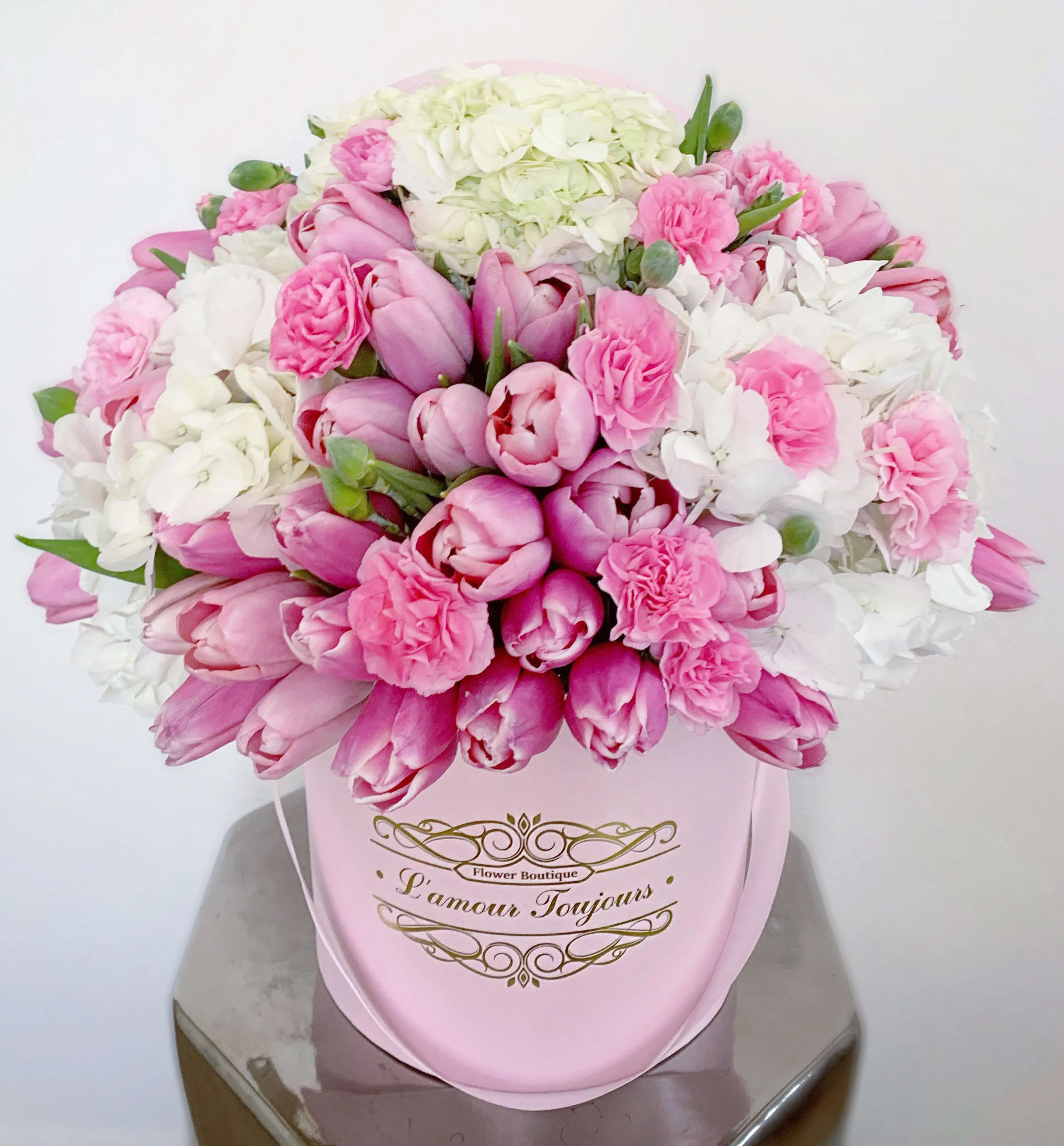 Round pink hatbox filled with pink tulips, pink carnations, and white hydrangeas.