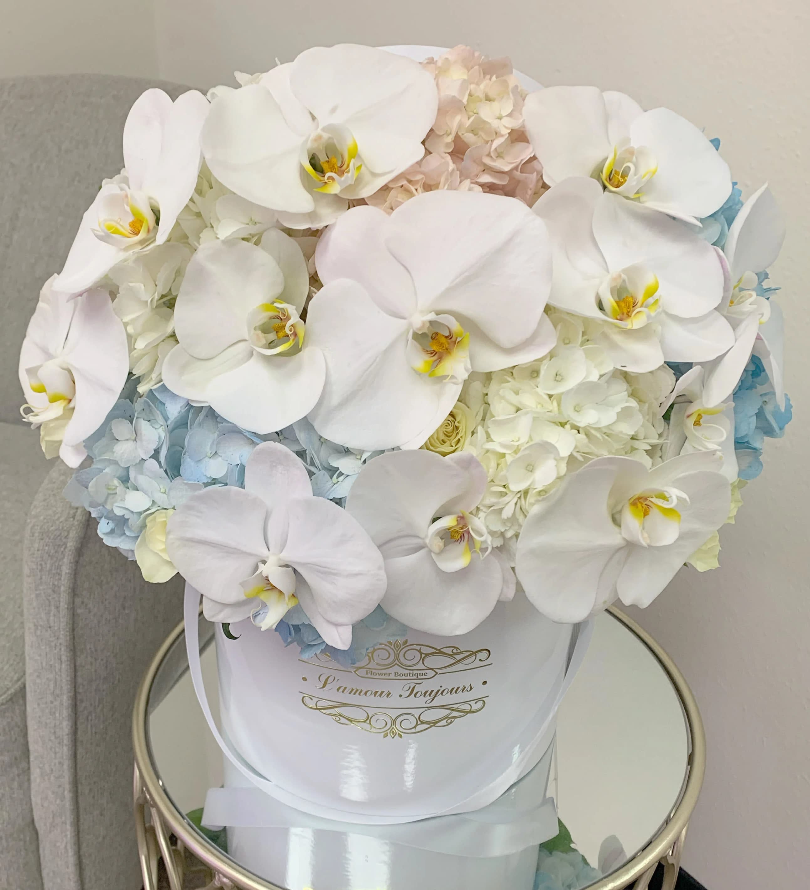 White orchids and pale hydrangeas in a white hatbox