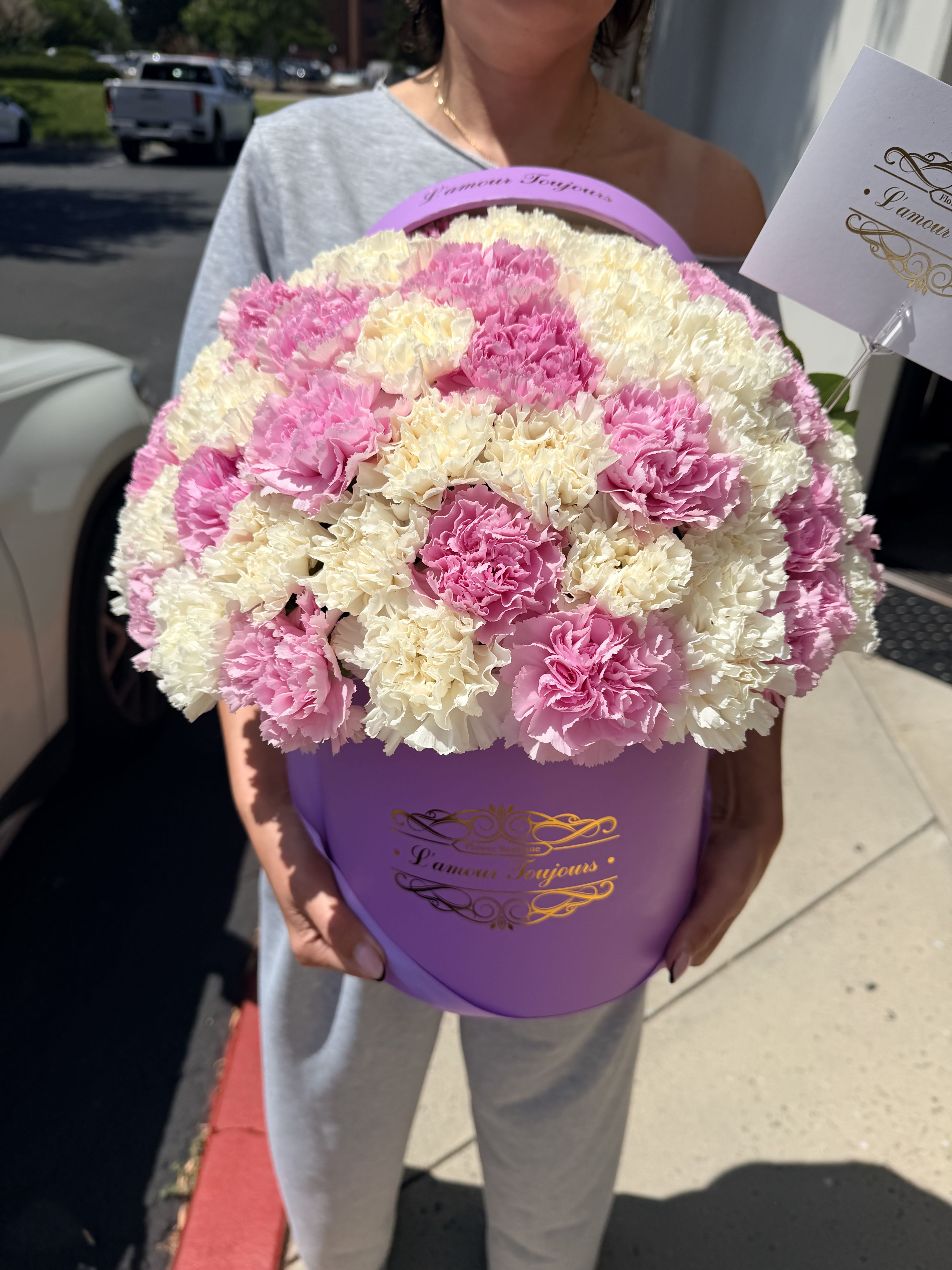 Box of carnations  - Dense dome of pink and white carnations in our signature box