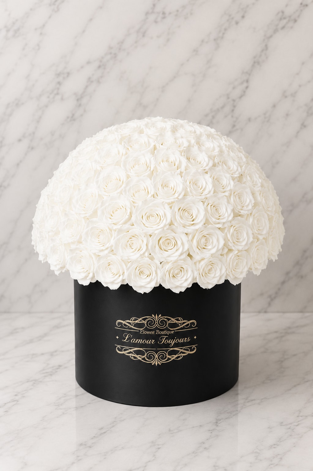 White rose dome in a black round box