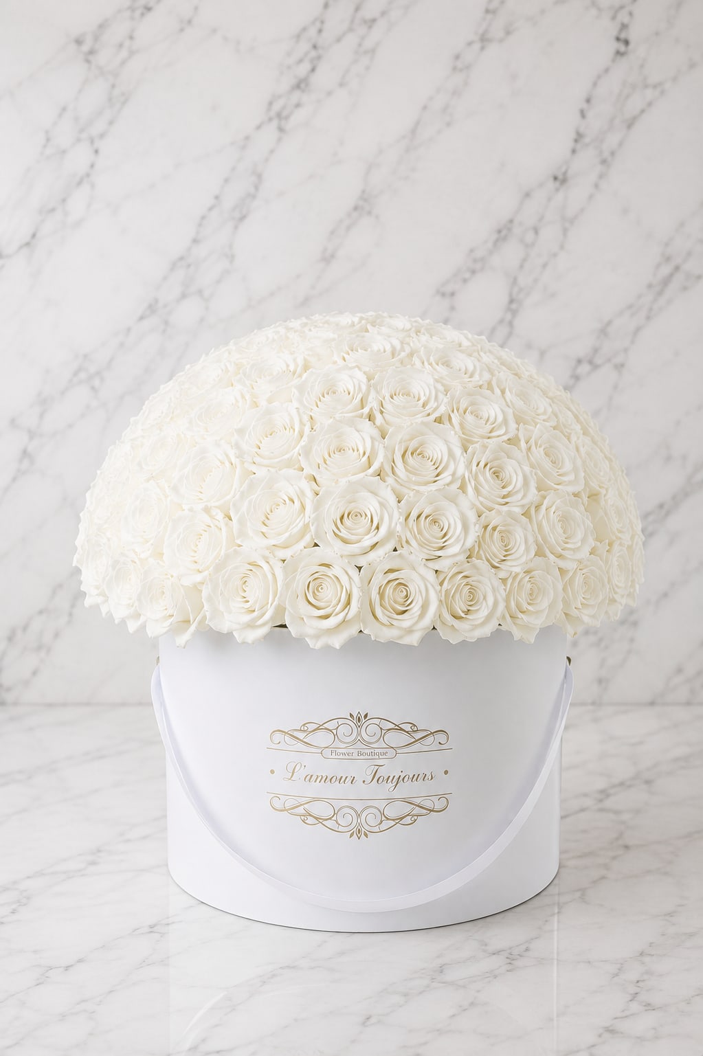 White rose dome arrangement in a round white box