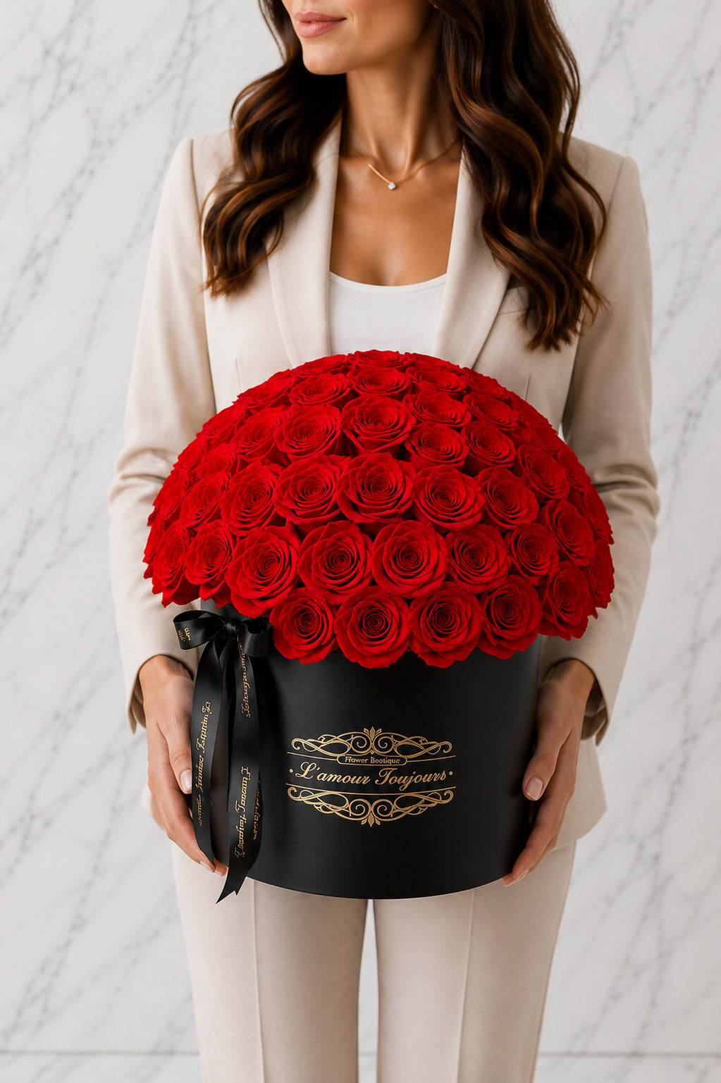 Woman holding a large red rose arrangement in a black hat box