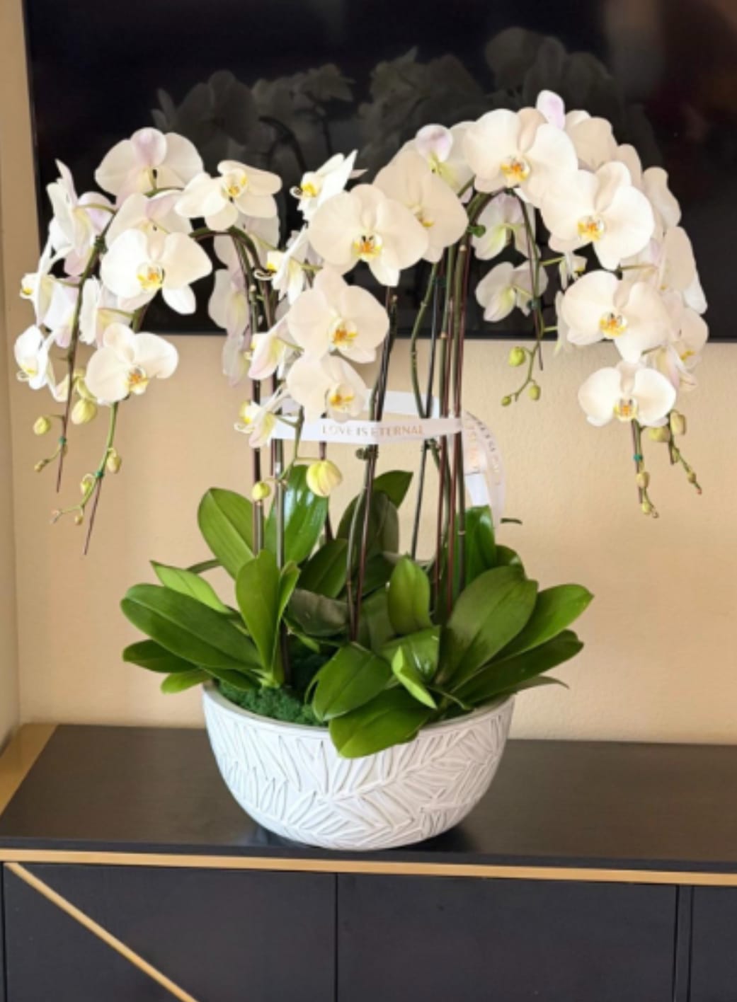 White orchid arrangement in a decorative white bowl