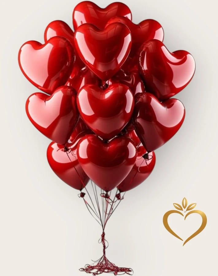 Cluster of red heart-shaped balloons tied together with strings