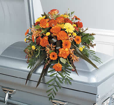 Triadic Half Couch Casket Spray - Roses, Carnations, gerber Daisies, germini daisies, rananculus, hypericums, orchids, and poms