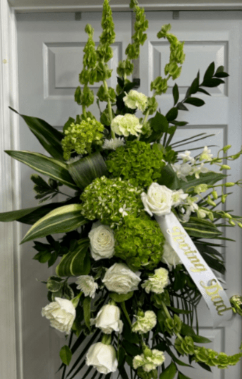 Eternity Forever Funeral  Spray - An amazing  Funeral Spray  at a reasonable price.  Hydrangea, Roses, Bells of Ireland, Carnations, Dendrobium Orchids &amp; Assorted fancy Greens