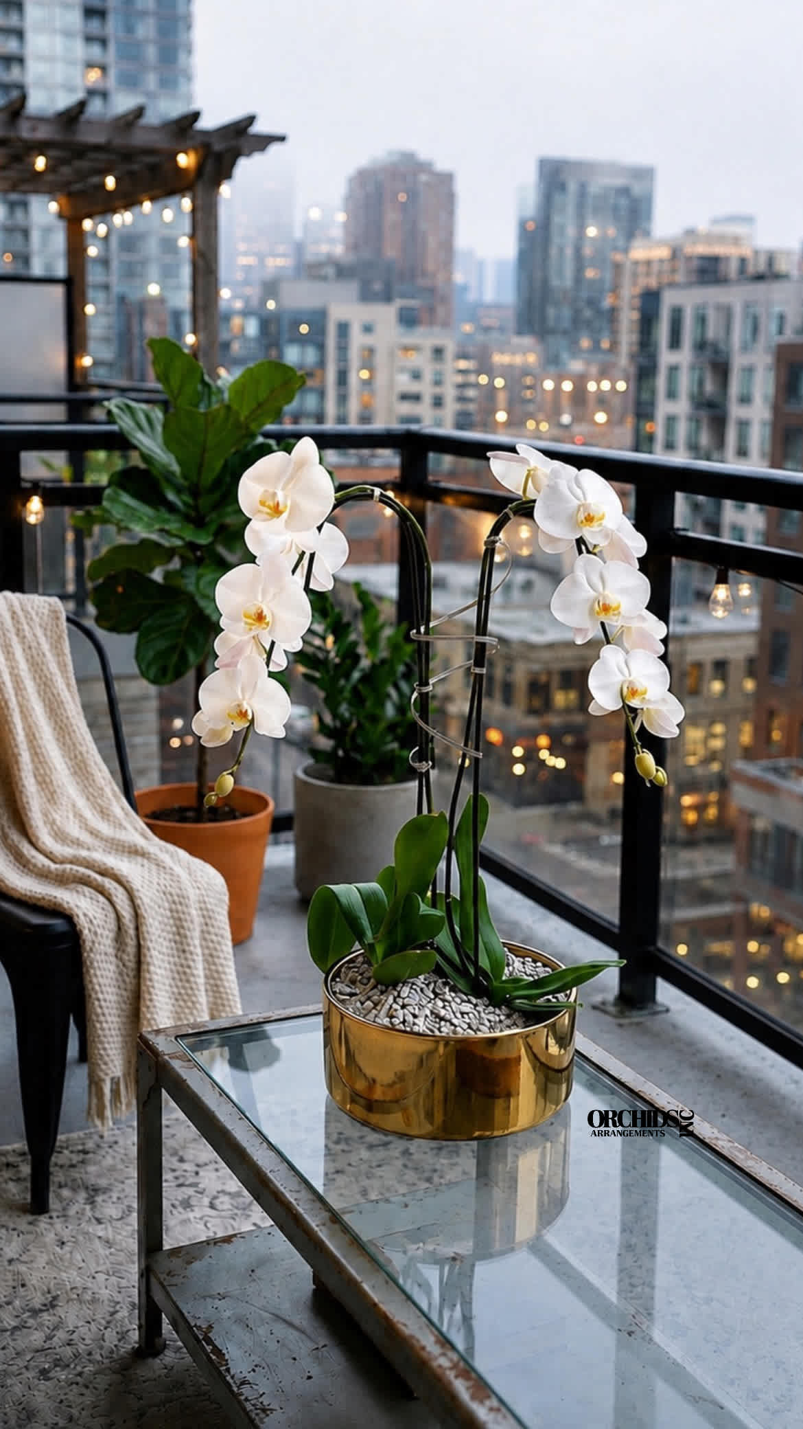 White orchids in gold pots on a balcony table