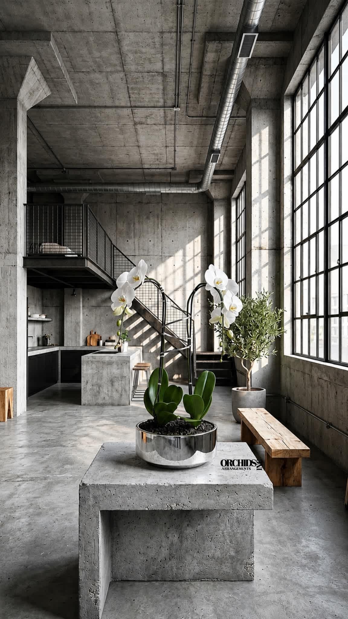 White orchids in a metallic planter inside a modern concrete room.