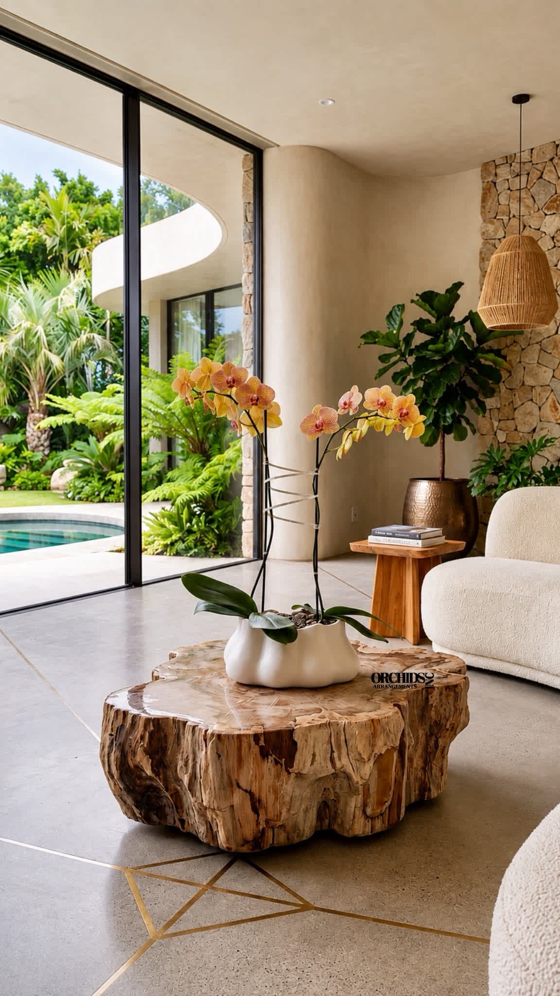Potted orchid arrangement with peach blooms on a sculptural table