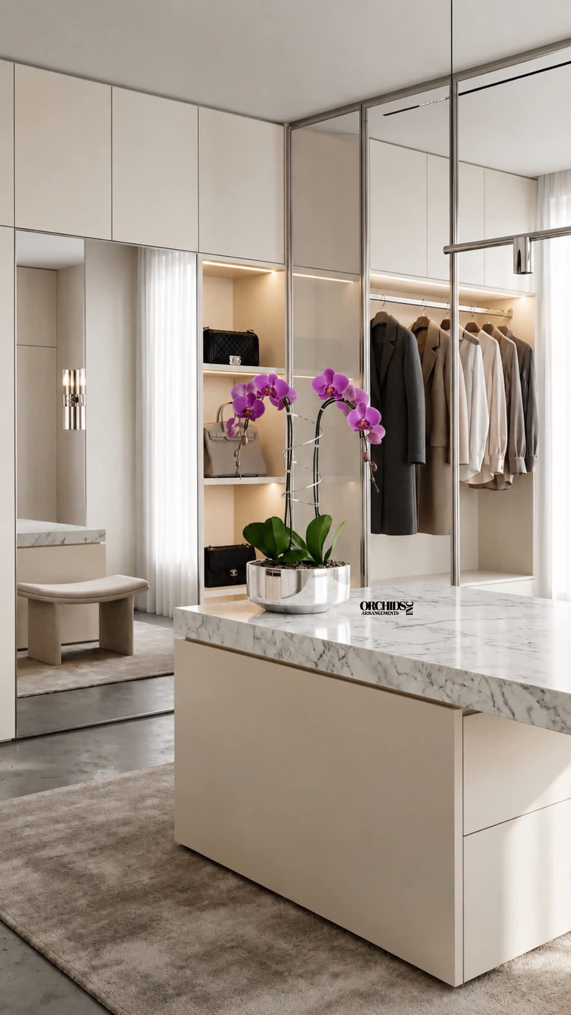 Purple orchids in a silver pot on a marble island in a modern closet
