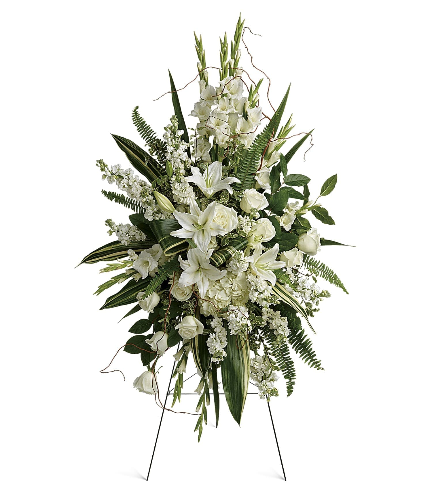 White floral standing spray with lilies and roses on a metal easel