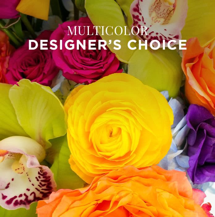 Close-up of a multicolored bouquet with yellow and orange roses, purple roses, and orchids.