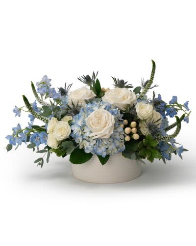 Low arrangement of white roses and blue hydrangeas in a round white ceramic vase