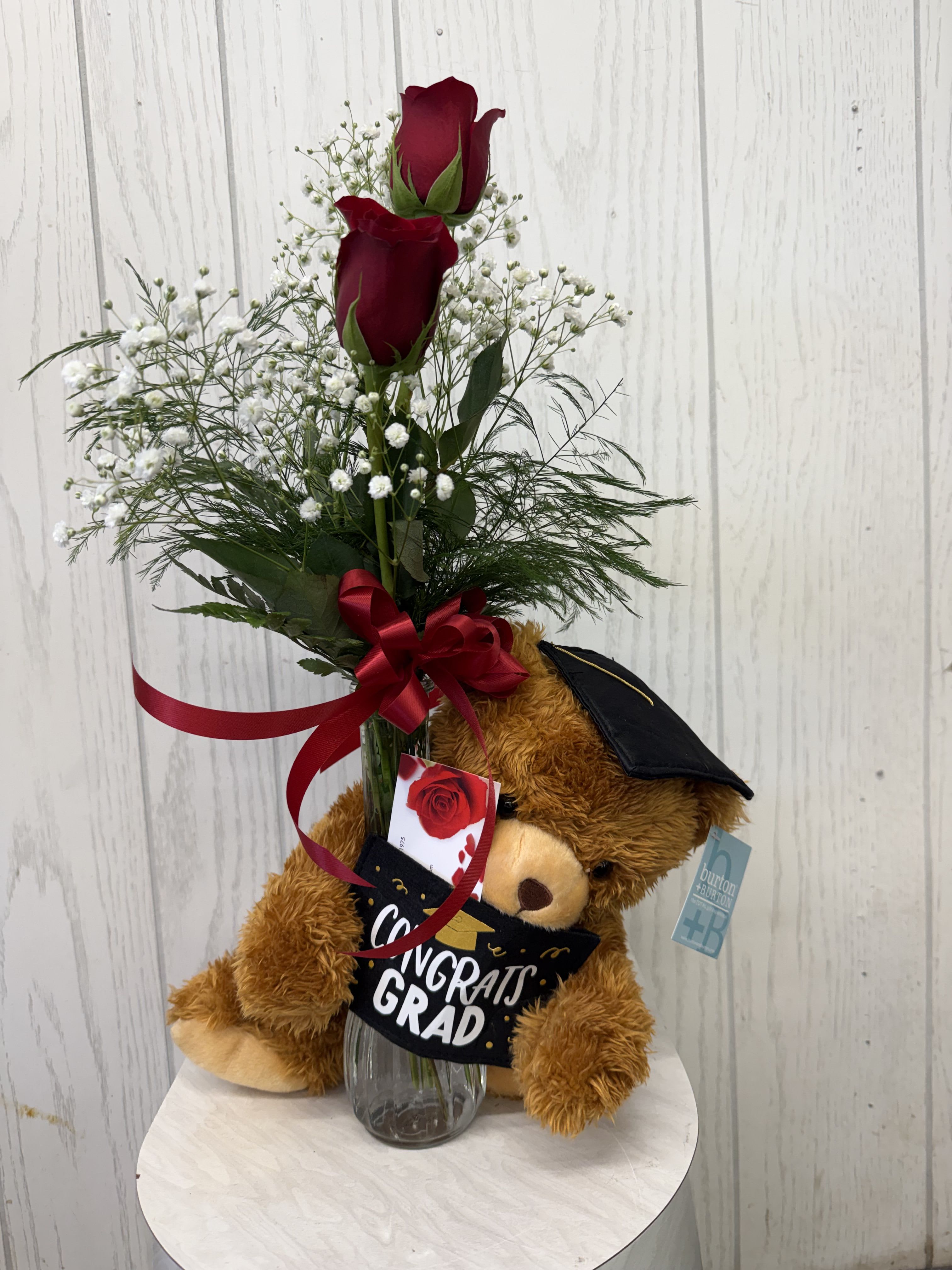 Graduation Wishes - Congrats to the recent Grad! Celebrate their achievement with a red rose bud vase, accented with an adorable plush graduation bear.