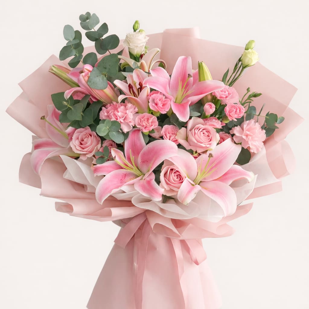 Pink lilies and roses wrapped in pale pink paper