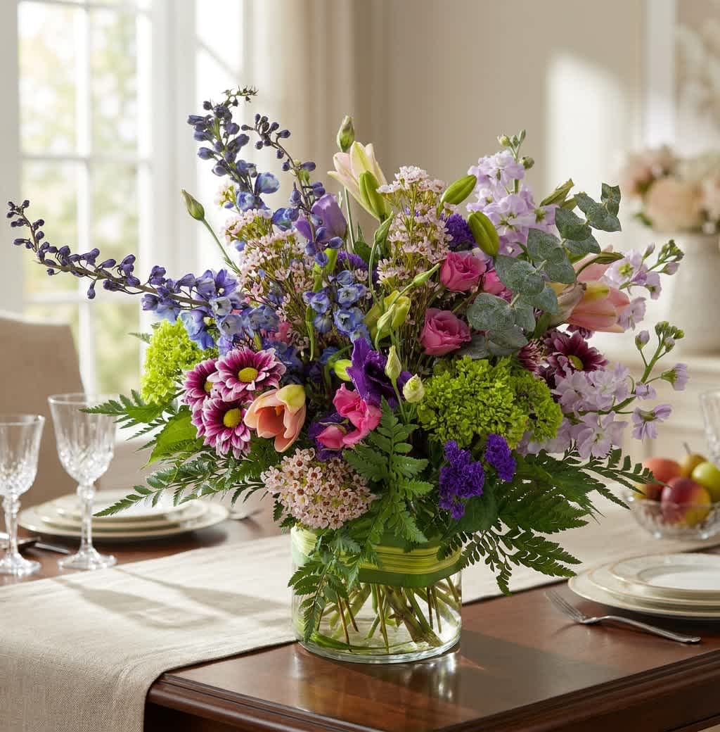 Mixed bouquet in a clear glass vase on a dining table