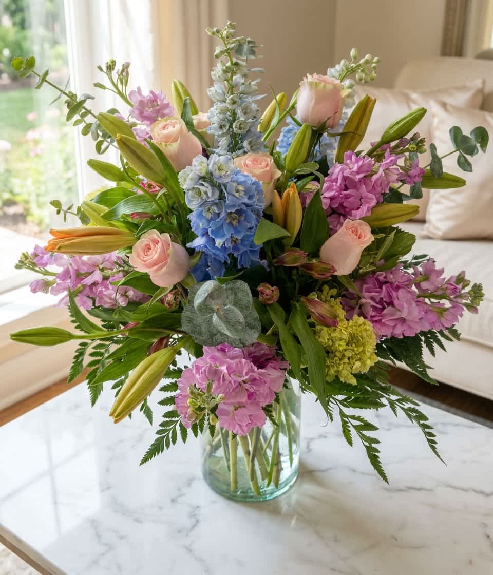 Mixed bouquet of pink roses, blue hydrangeas, and lilies in a glass vase