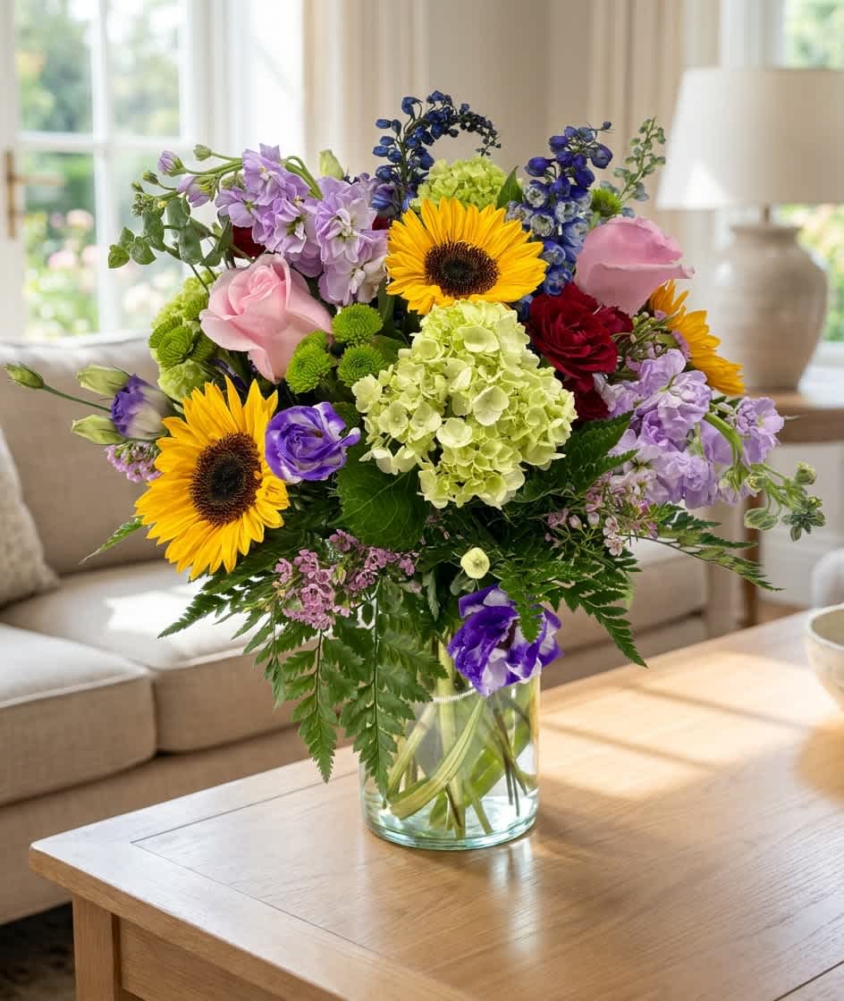 Colorful World - Brighten any space with this modern floral arrangement featuring vibrant sunflowers, green hydrangea, lavender stock, purple lisianthus, blue delphinium, red and pink roses, green buttons, and assorted greenery, beautifully arranged in a sleek clear glass vase.
