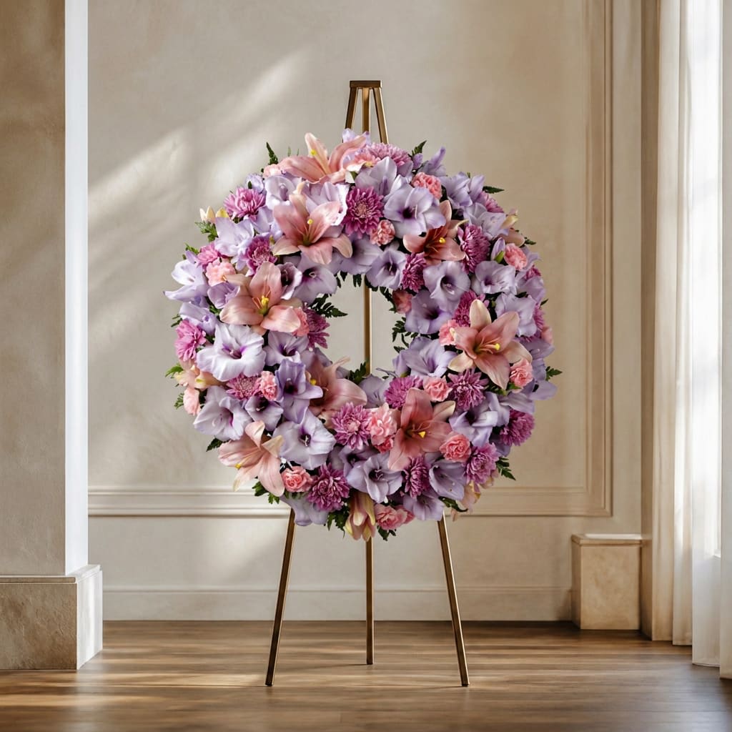 Round floral wreath on a gold stand with pink and lavender flowers