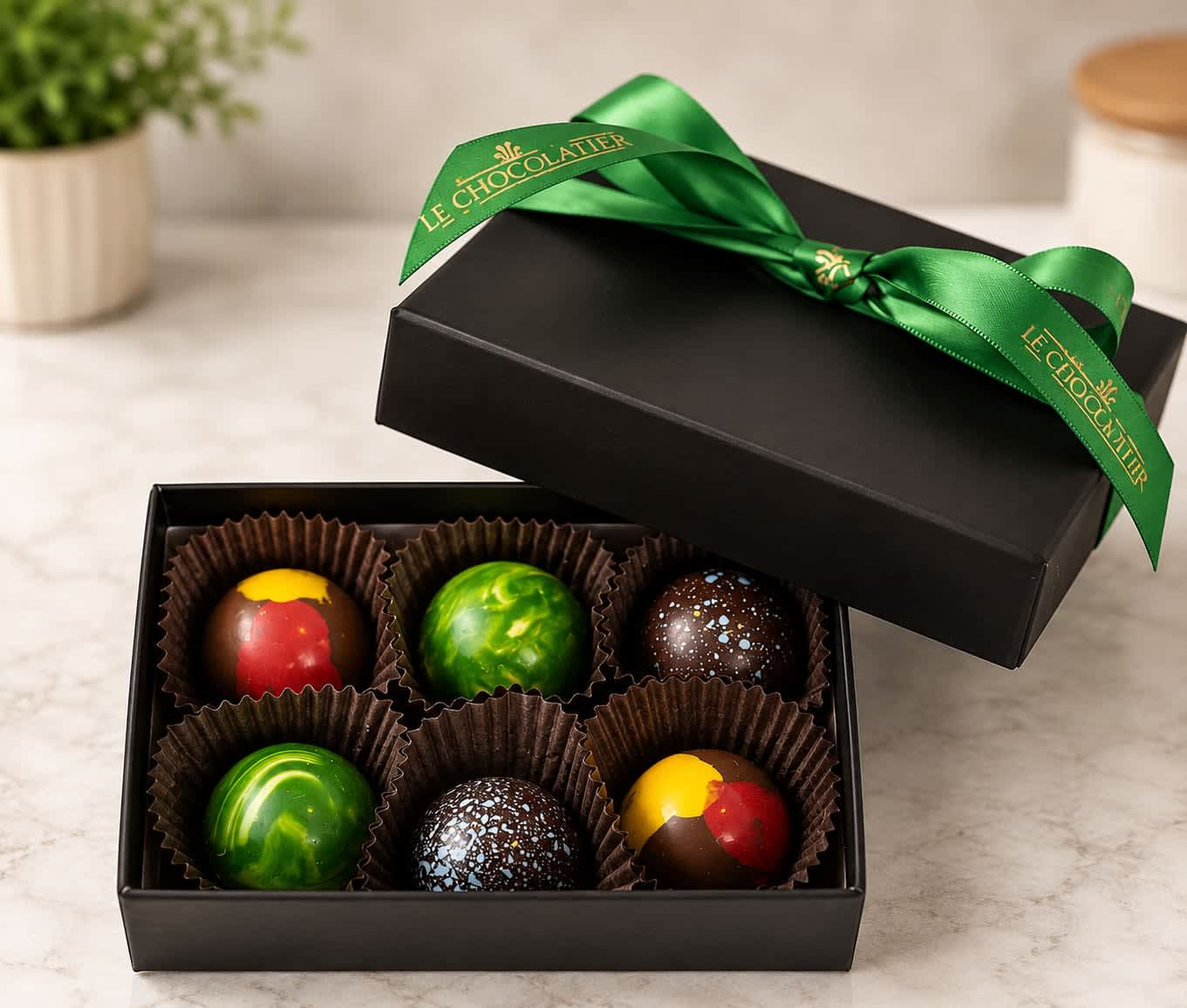 6 pc Le Chocolatier Jewel Collection of Hand Painted Truffles - A unique formulation of utter chocolate decadence! Spattered designs of color, each unique, and infused with our newest flavors of blueberry, matcha green tea, and banana passionfruit. As you bite in breaking the thin chocolate shell, enjoy the rush of flavors that greet you.