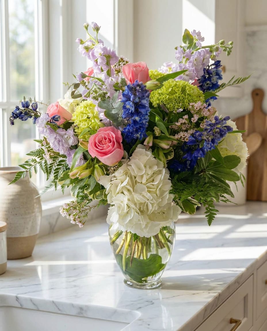 Tranquil Oasis - Step into a whimsical realm with our "Tranquil Oasis" floral arrangement, a magical creation inspired by the allure of a mystical garden in full bloom. This enchanting ensemble features a captivating combination of delicate pink roses, lush green and white hydrangea, fragrant purple stock, and graceful blue delphinium.