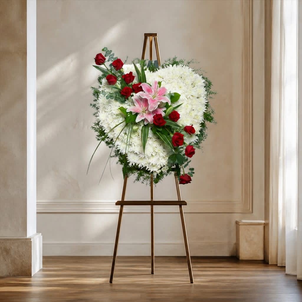 Heart-shaped floral wreath on an easel with white flowers, red roses, and pink lilies