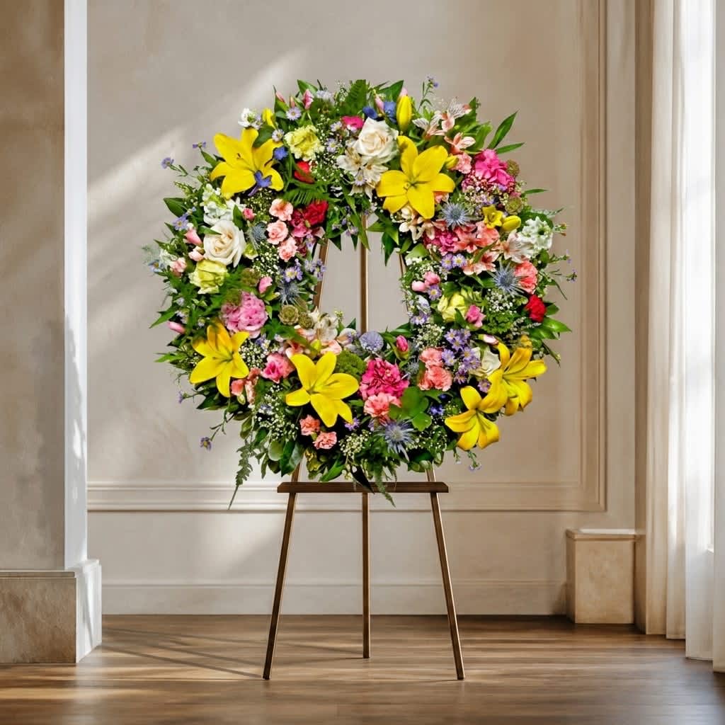 Large mixed flower wreath on a stand with bright yellow lilies and pink blooms
