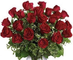 Bouquet of red roses with greenery