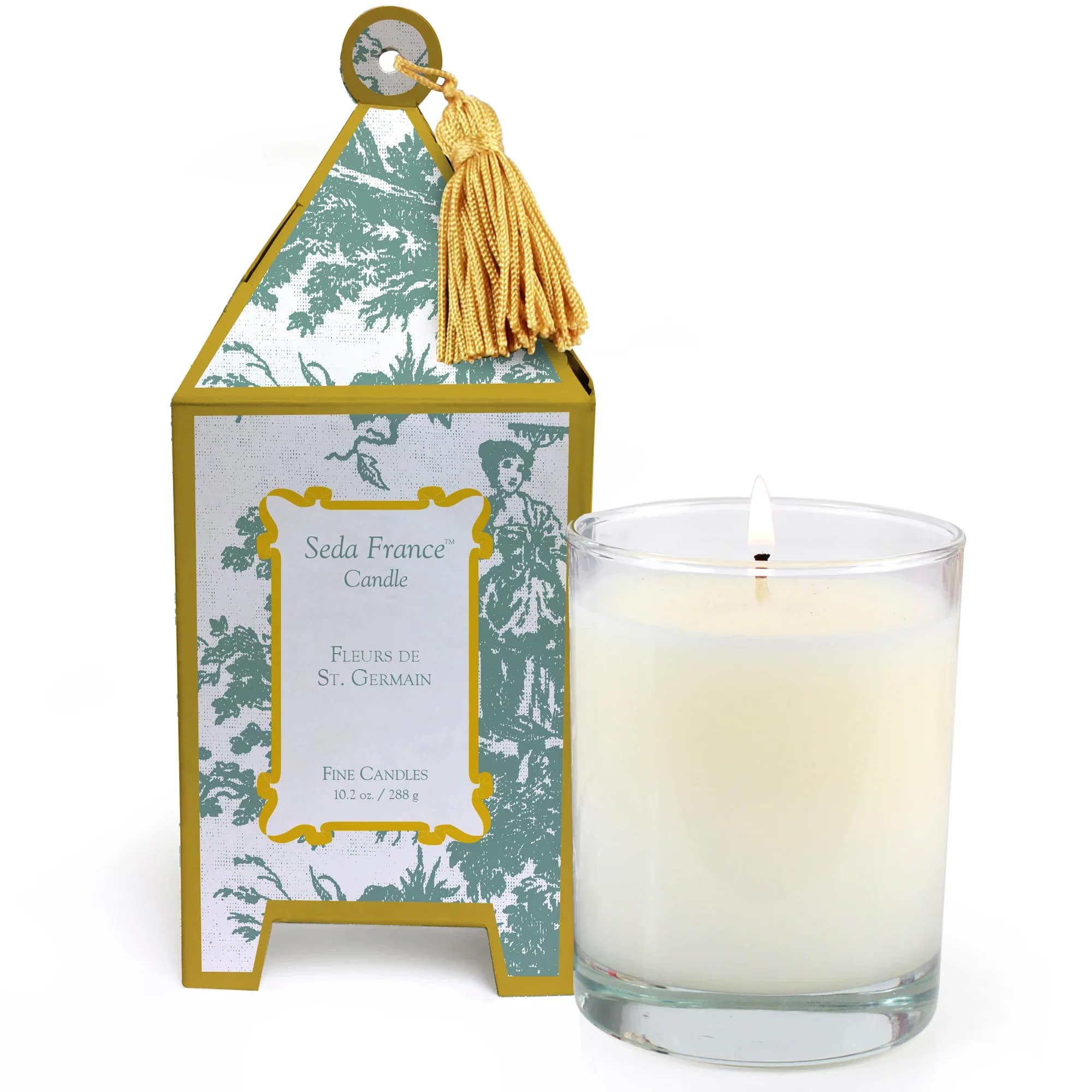 Fleurs de St. Germain Classic Toile Pagoda Box Candle by Seda France - Existentialists, painters, and writers such as Verlaine, Rimbaud, Sartre, Hemingway and Picasso all frequented the streets &amp; cafes of Saint Germain. This tribute to the iconic Parisian village has notes of bright citrus, lemon, jasmine, lily, and vibrant neroli. Très chic! - Approximate burn time: 60+ Hours - Bright citrus, lemon, jasmine, lily, and vibrant neroli - Signature packaging needs no gift wrapping; etched glass with toile design