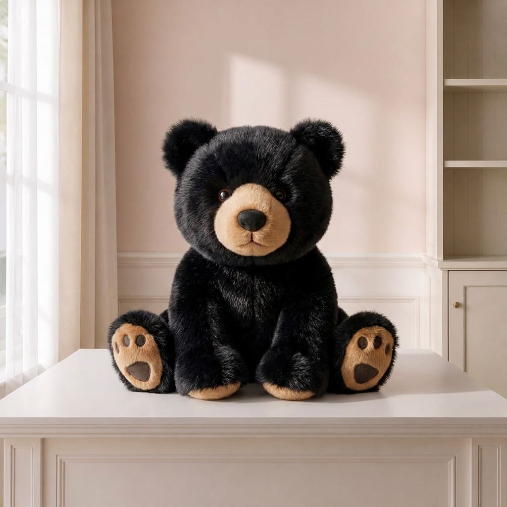 Woody the Plush Black Bear 10.5" - Adorably cute 10.5" tall teddy bear stuffed animal with ultra soft luxurious fur, cuddly body and sweet expressive face, surface washable. Made with ultra soft plush materials and premium stuffing, this stuffed teddy bear is perfect for cuddling. This plush black bear's bottom is lightly weighted with a child safe inner bean bag making it extra cuddly and huggable. Perfect for woodland theme baby rooms!