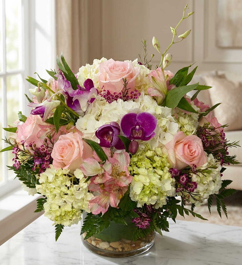 Pink roses and purple orchids arranged in a glass vase