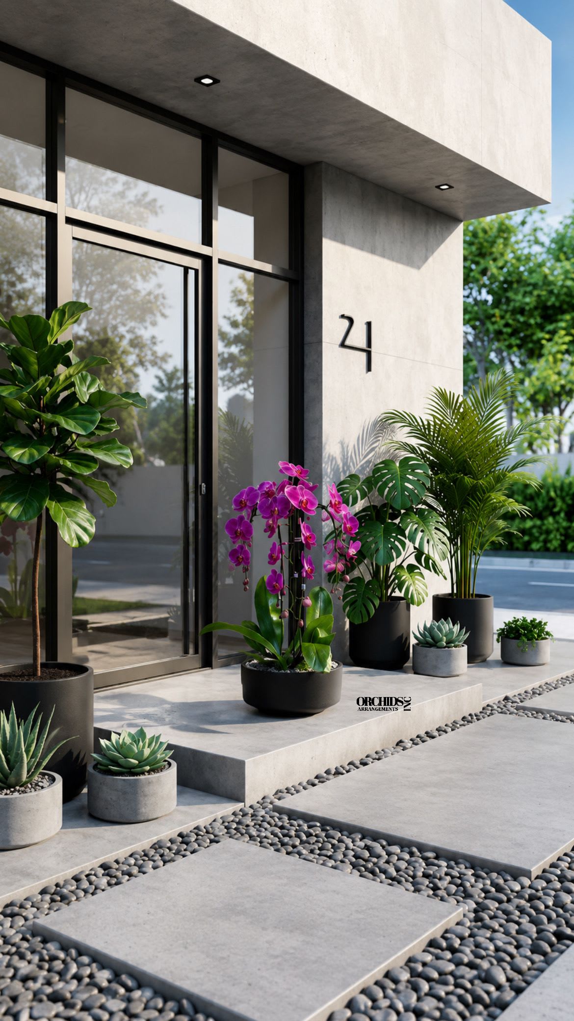 Purple Cascading Orchid Arrangement –Triple Swan Orchids - Triple Purple Cascade Swan Phalaenopsis Orchid Arrangements designed with a Black Vase 12” x 6”.