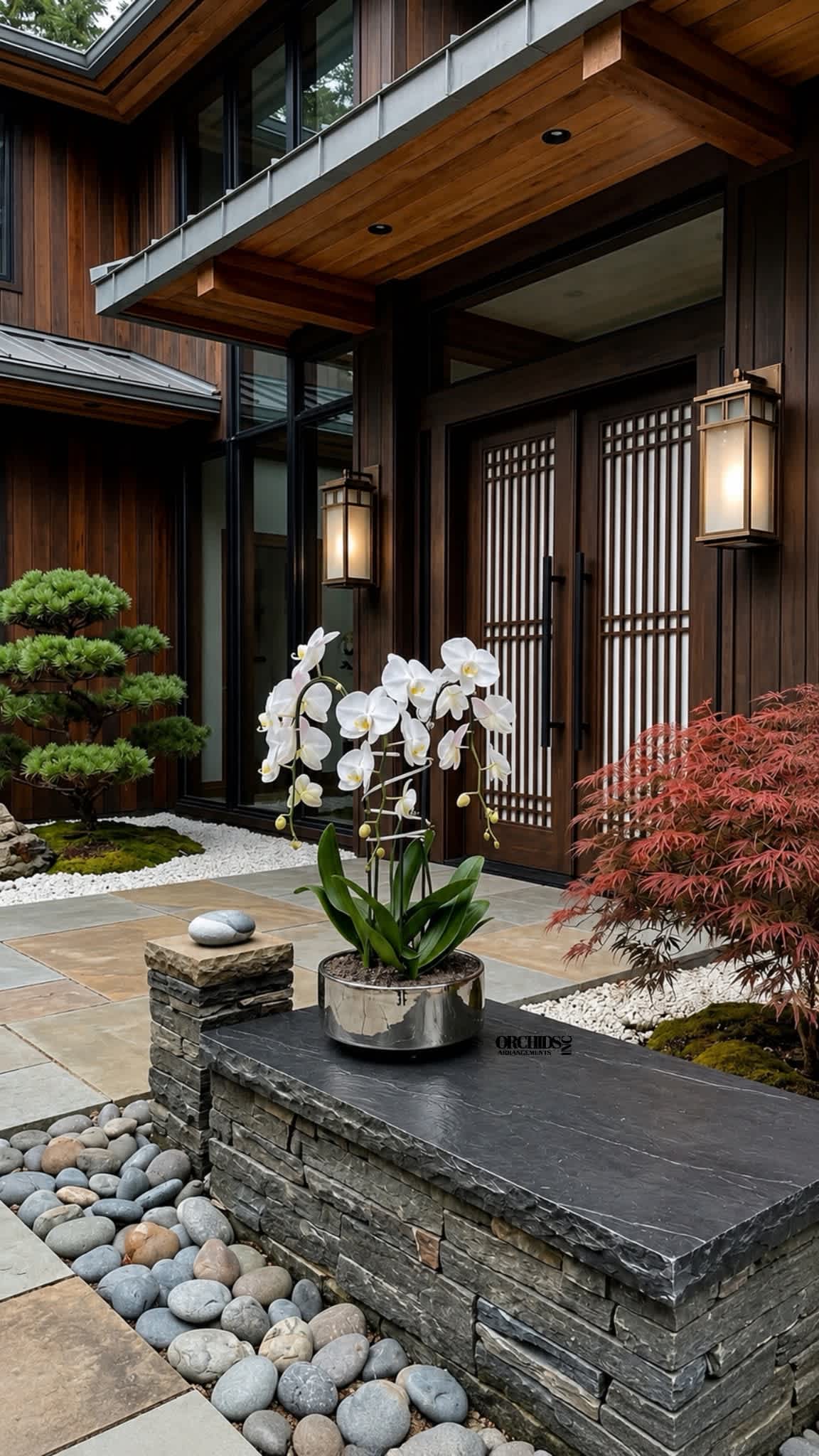 White orchid plant in a metallic pot on a stone bench
