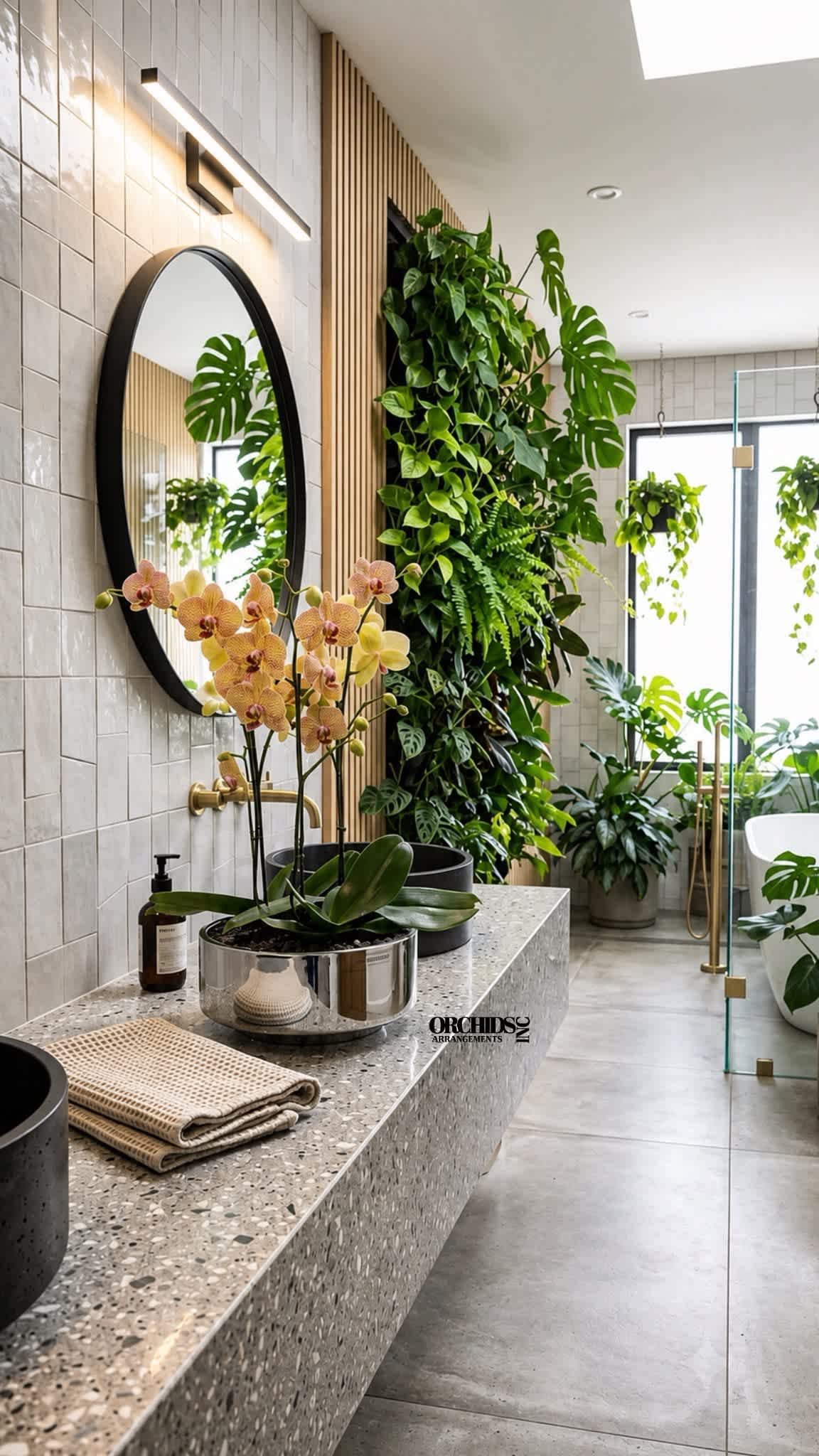Potted orchids with pale pink blooms on a bathroom counter