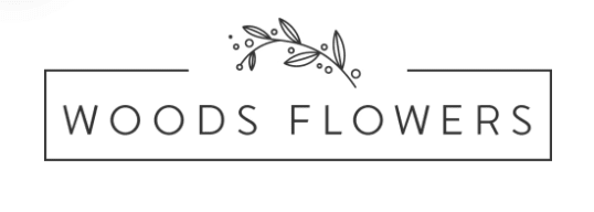 Woods Flowers logo with a simple floral branch icon