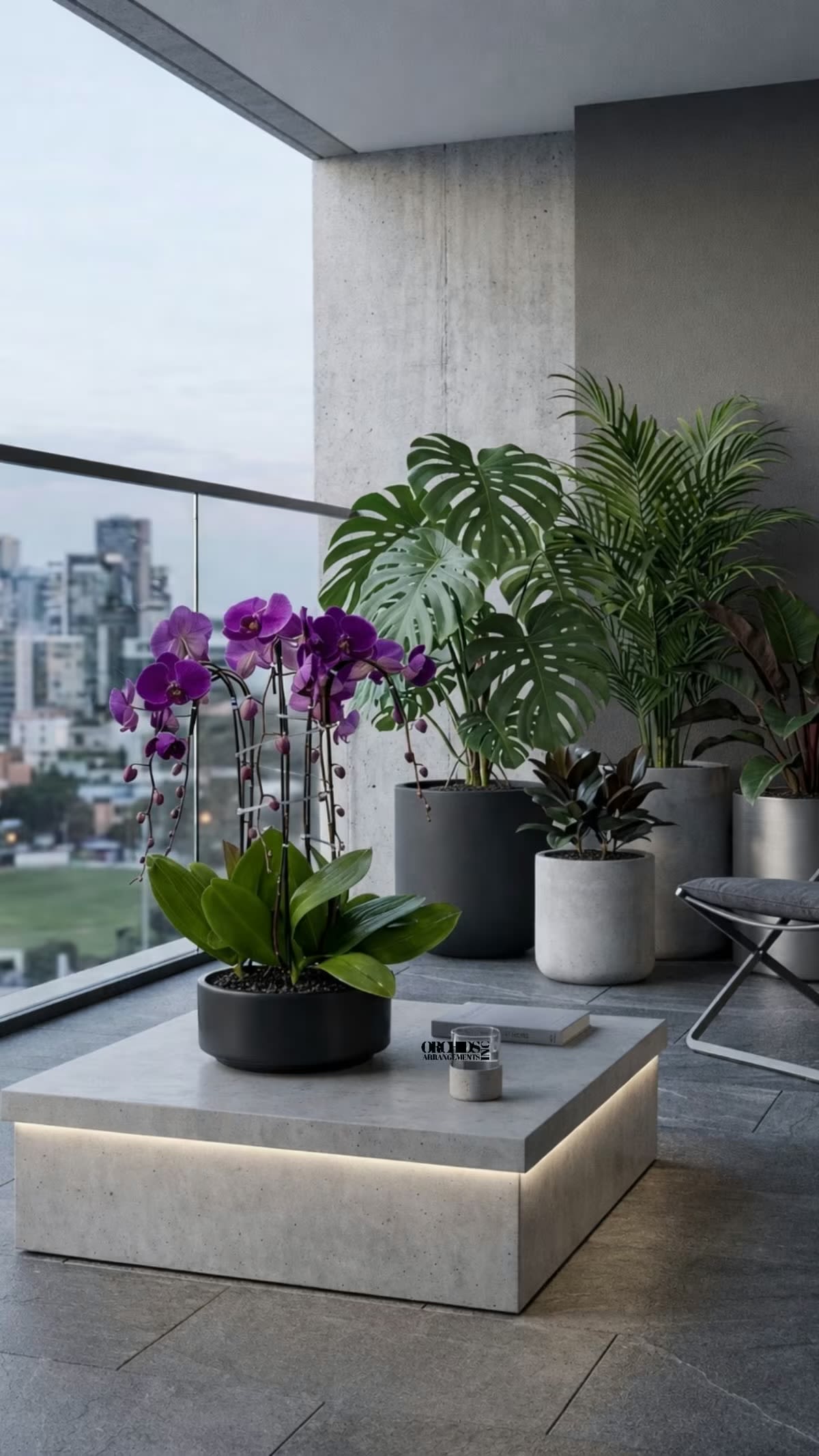Purple Cascading Orchid Arrangement – Four Swan Orchids - Four Purple Cascade Swan Phalaenopsis Orchid Arrangements designed with a Black Vase 12” x 6”.