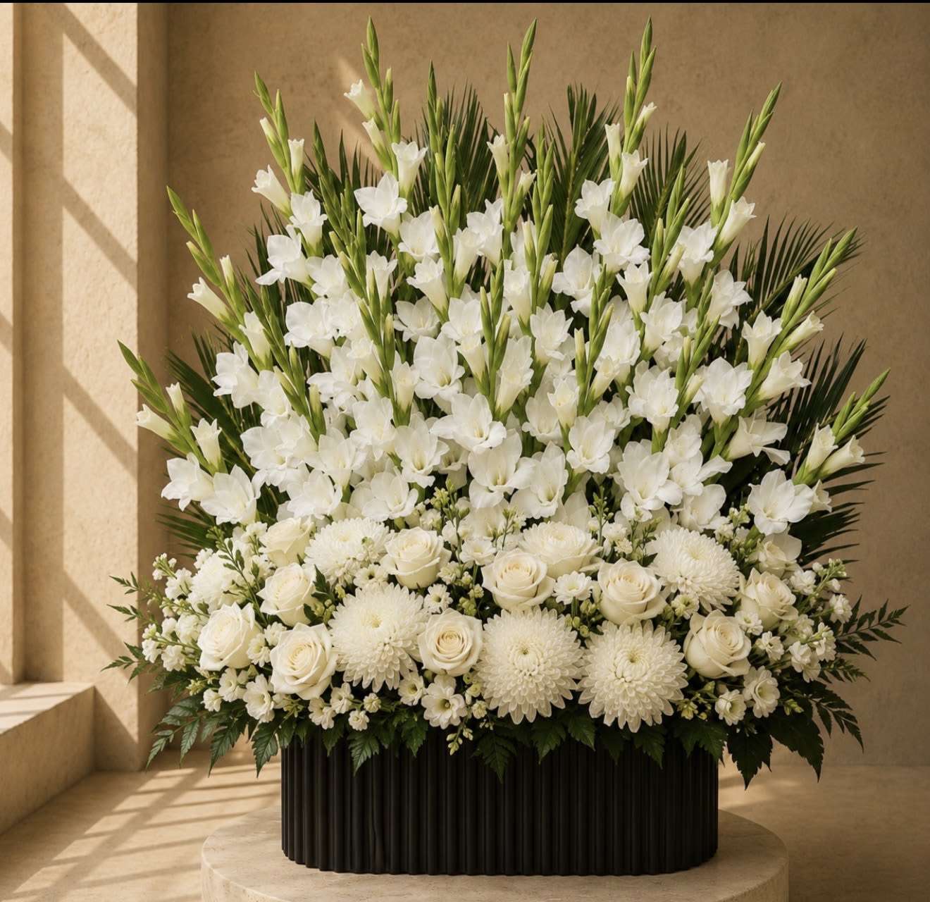 Precious Peaceful Centerpiece  - Tall white gladiolus rise in graceful spikes above a layered bed of white roses and chrysanthemums in this formal sympathy arrangement. As a funeral or memorial centerpiece, the tiered silhouette and monochromatic white palette create a serene, ceremonial presence that helps the person you're thinking of feel honored and remembered.  Set in a black ribbed container, deep green foliage and the dark vase provide a striking contrast that grounds the airy top tiers and gives the design a contemporary, refined edge. Designed at a substantial scale, it suits memorial tables, funeral chapels, or any space needing a respectful focal display; keep flowers in a cool spot away from direct heat and replenish water as needed to maintain the fresh, peaceful look.