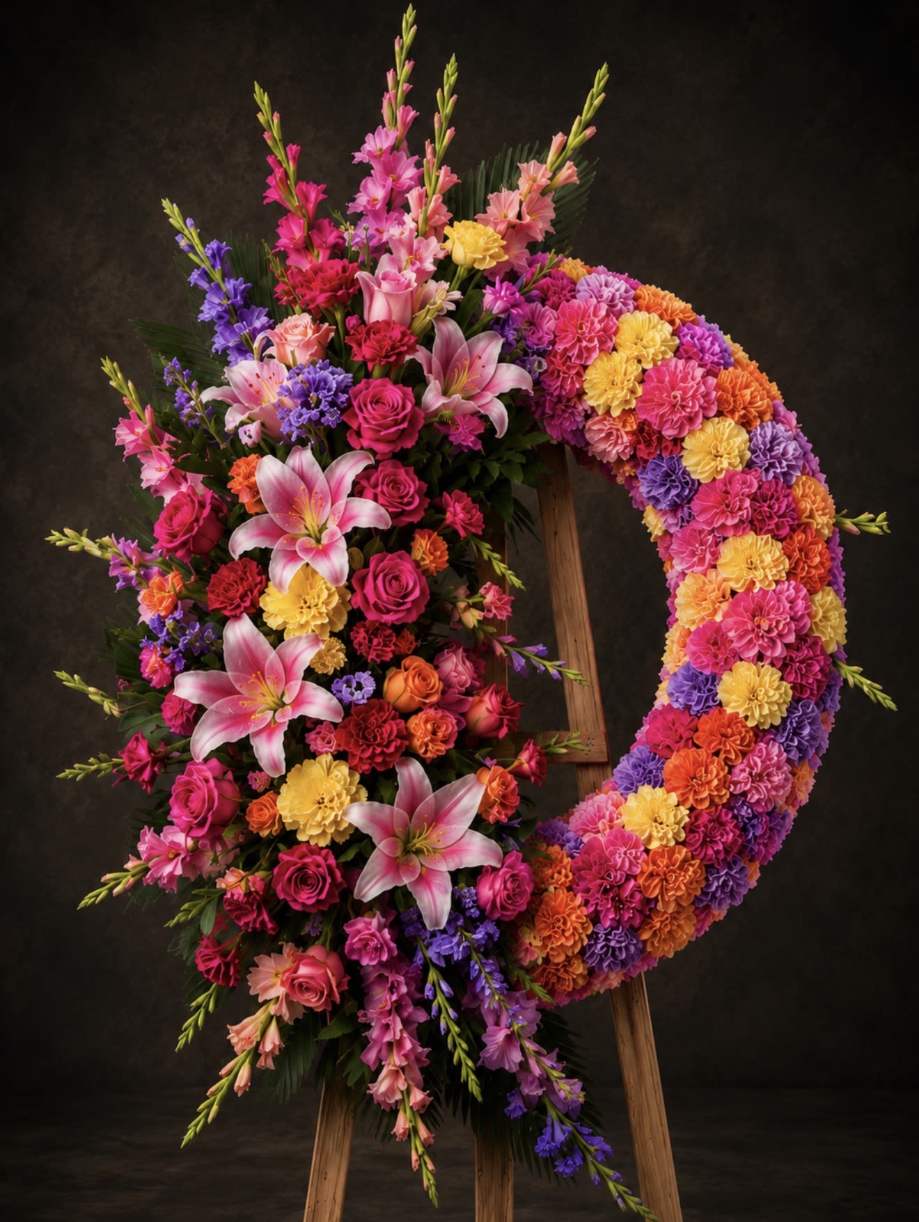 Colorblast Tribute Wreath - A vivid standing memorial wreath that brings warmth and celebration to sympathy and funeral services, the Colorblast Tribute Wreath reads as a heartfelt and uplifting tribute. The design mixes a dense crescent of small blooms with a fuller clustered spray on one side, so the arrangement feels both formal and alive - the kind of display that helps the person you're honoring be remembered with color and joy.  This large wreath features lilies, roses, carnations, snapdragon-like spikes and assorted mixed flowers in a saturated palette of hot pinks, purples, oranges, yellows and white. The tall vertical flowers add graceful height while the rounder blooms provide lush texture; the piece is mounted on a sturdy wooden easel for dignified presentation. Approximately 22 inches in diameter, it combines dramatic visual impact with refined structure suitable for a memorial setting.  Perfect for celebrating a vibrant life or offering comfort with color, this tribute makes a meaningful statement at funerals, memorial services, or graveside ceremonies. Sturdy construction and fresh-season blooms ensure the wreath arrives ready to display - if you need delivery details or help choosing a matching accent piece, we're here to assist.