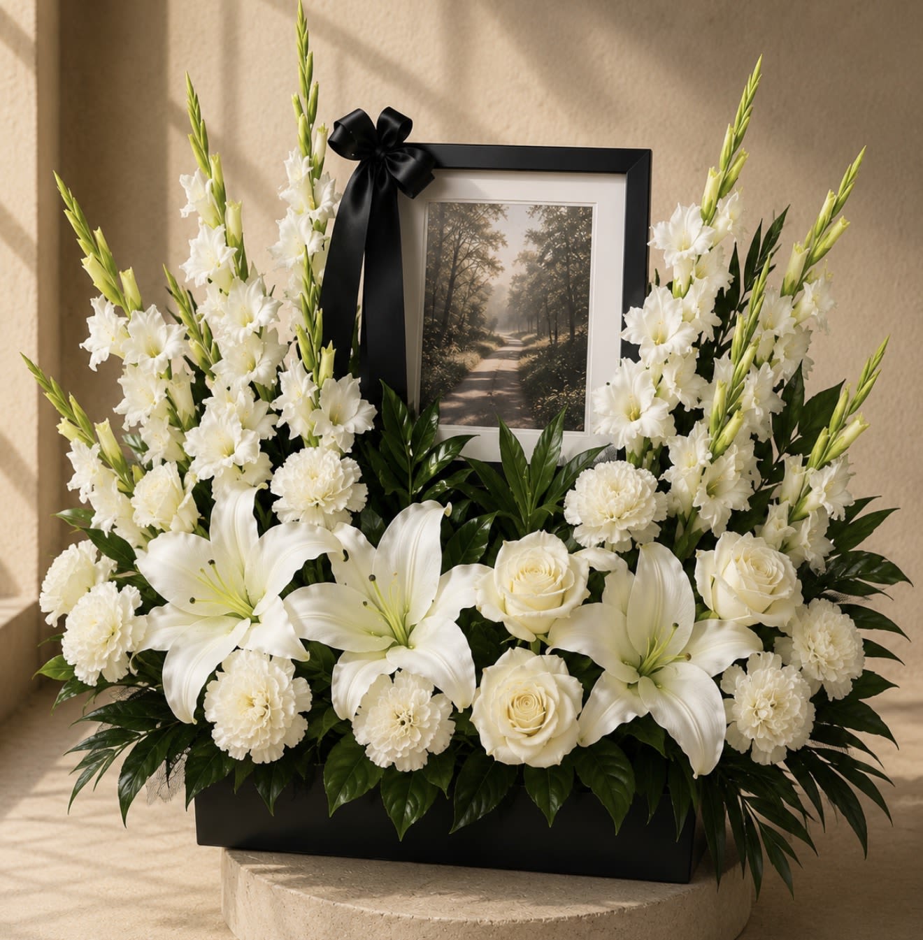 Precious Memories Photo Tribute - A framed tribute built around pure white lilies, roses, carnations and tall snapdragon spikes, this sympathy flower arrangement presents a solemn, elegant memorial for a funeral or remembrance service. The arrangement reads as a formal tribute-designed to honor and comfort the person you're thinking of-with a black ribbon and picture frame at the top that draws the eye and gives the display a personal, respectful focal point.  Set in a black rectangular container, the composition uses strong vertical movement from the snapdragons and lilies balanced by a dense, full base of roses and carnations to convey stability and quiet reflection. Soft touches of green foliage lift the whites and add depth, while the contrast between the dark container and frame and the white blooms emphasizes dignity and grace. This large tribute is intended to hold a photograph and serve as a meaningful centerpiece at a memorial; arrangement size and handling details are available at checkout to ensure proper delivery and care.