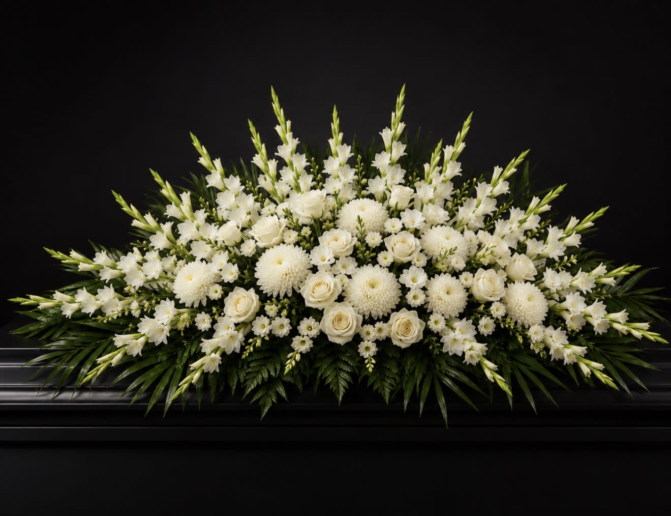 The Infinity Elegant Casket Spray - A broad, fan-shaped casket spray of pure whites and soft greens that reads as dignified and consoling-the Infinity Elegant Casket Spray is designed specifically for sympathy and funeral services. The low, horizontal silhouette spreads across the casket, so the person you're honoring will be framed by a calm, formal presentation that feels respectful and heartfelt.  This arrangement combines rounded white roses and large chrysanthemum heads with smaller daisy-like blooms, tall lily spikes, and graceful calla lilies for vertical contrast. The layered composition creates texture and depth while maintaining a serene, monochromatic palette; the overall effect is structured and elegant, with lush greenery interspersed to add softness and natural flow.  Appropriate for memorial services and viewings, this spray offers a timeless tribute that helps convey sympathy and reverence for the person you've lost. Designed to rest across the casket, it provides a finished, ceremonial look-no additional assembly is required; local delivery and placement at the service can be arranged through our shop.
